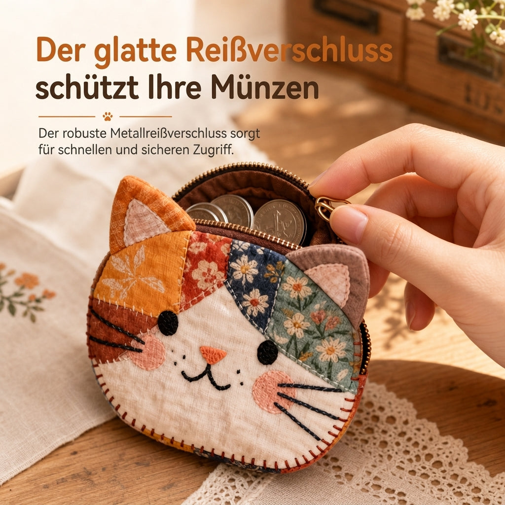 Niedliches Patchwork-Katzen-Münzfach und tragbarer Kartenhalter – kleine, kreative Geldbörse für Mädchen