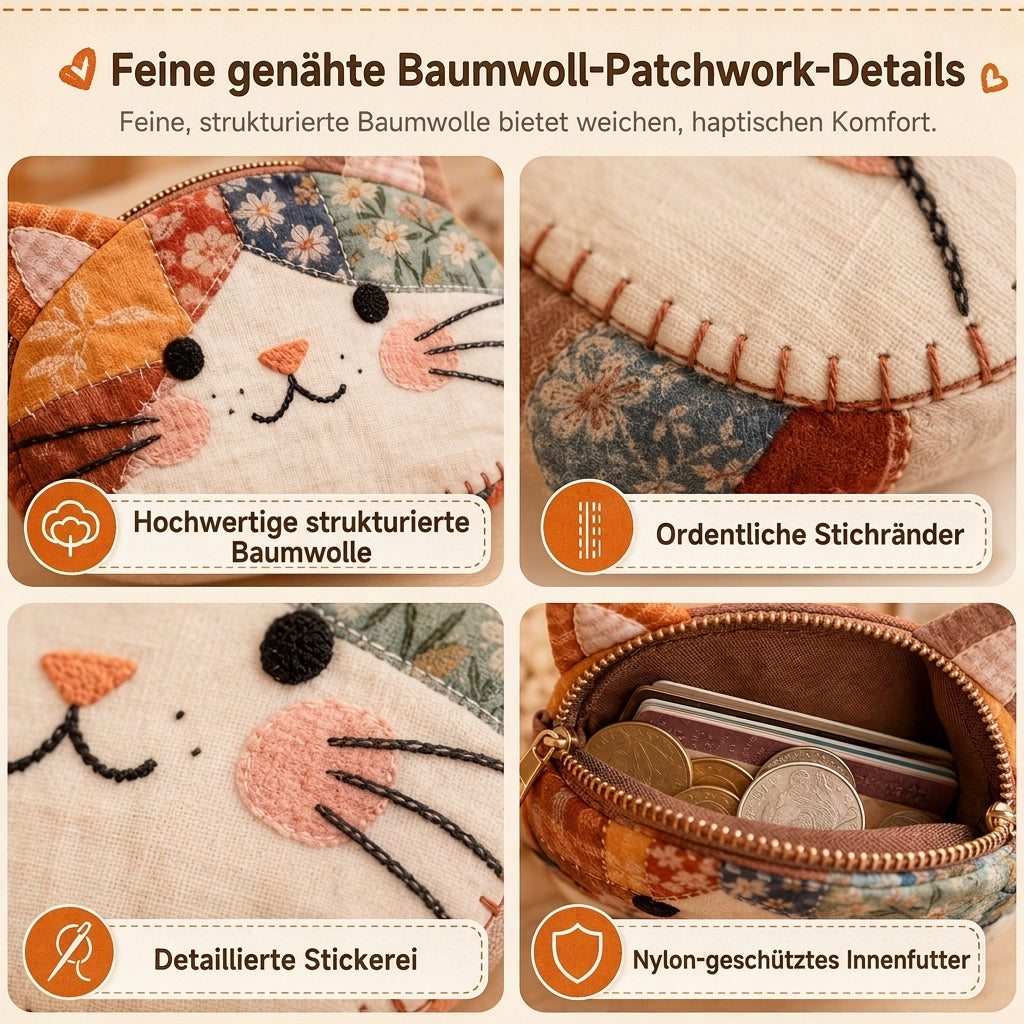 Niedliches Patchwork-Katzen-Münzfach und tragbarer Kartenhalter – kleine, kreative Geldbörse für Mädchen