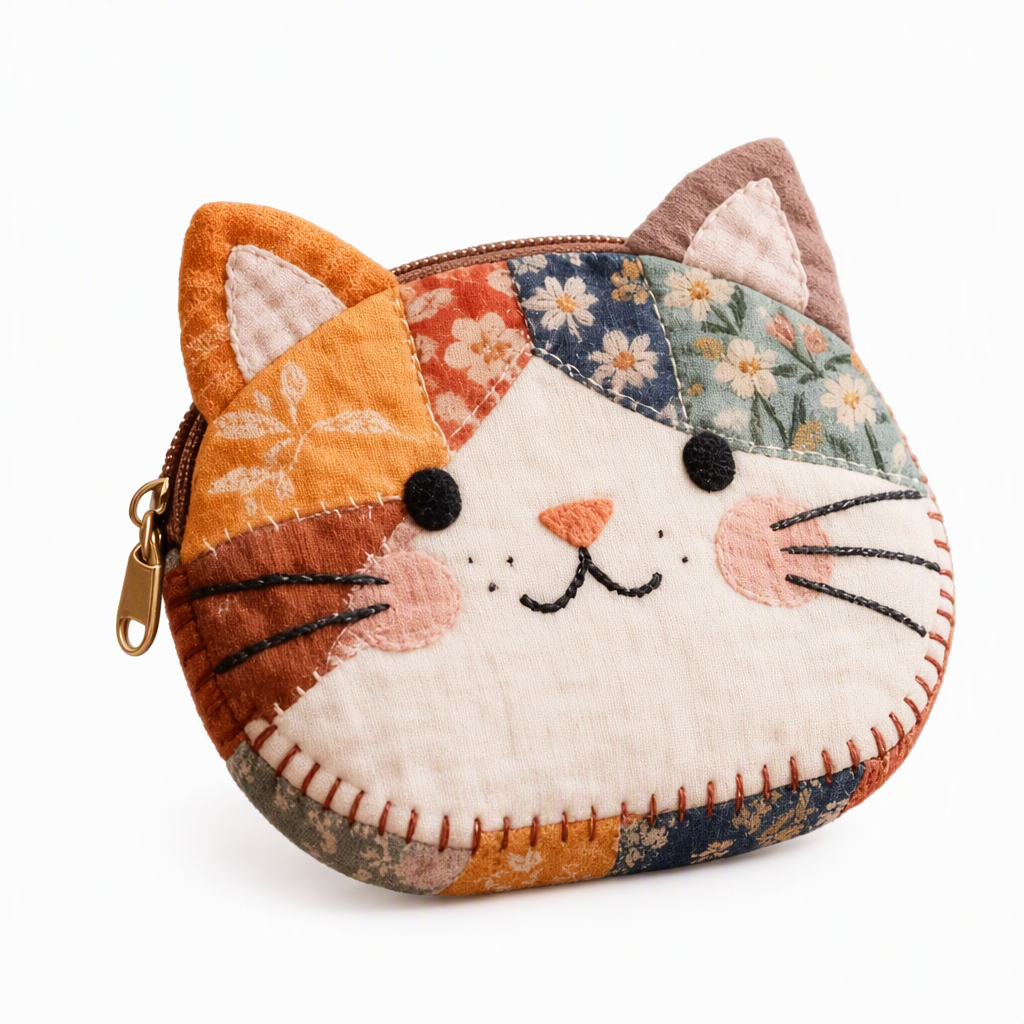 Niedliches Patchwork-Katzen-Münzfach und tragbarer Kartenhalter – kleine, kreative Geldbörse für Mädchen