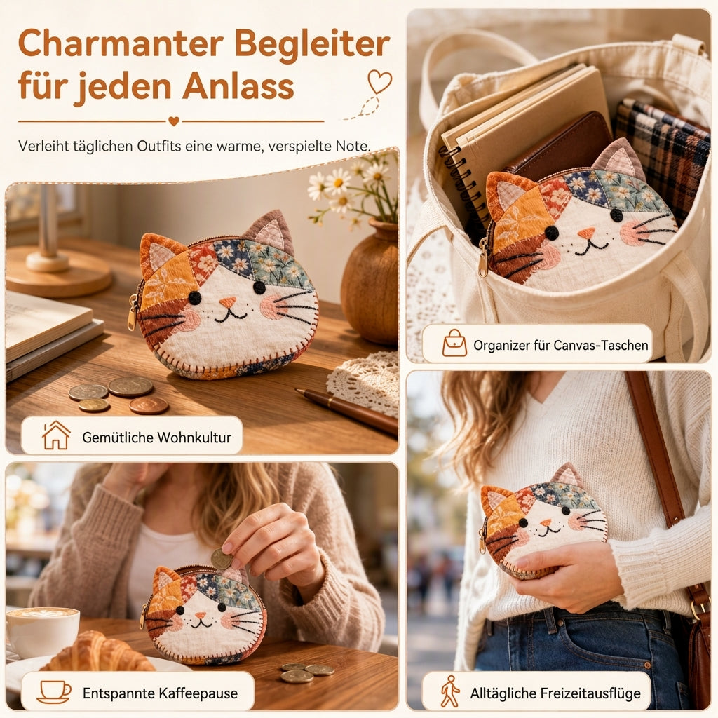 Niedliches Patchwork-Katzen-Münzfach und tragbarer Kartenhalter – kleine, kreative Geldbörse für Mädchen