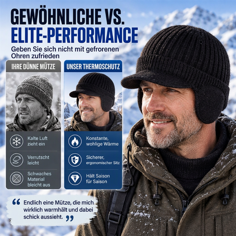 Herren Winter Strickmütze mit Schirm und Ohrenklappen