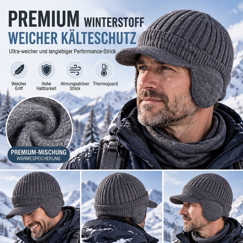 Herren Winter Strickmütze mit Schirm und Ohrenklappen