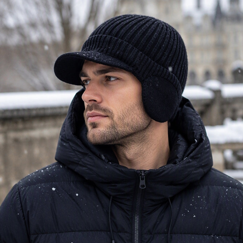 Herren Winter Strickmütze mit Schirm und Ohrenklappen