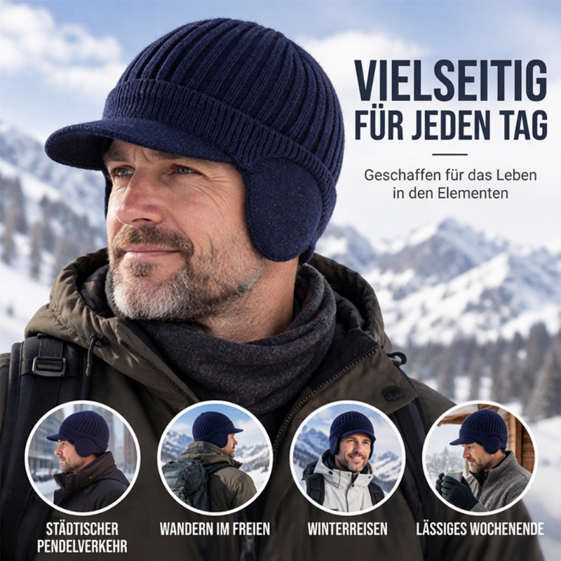 Herren Winter Strickmütze mit Schirm und Ohrenklappen