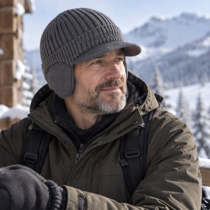 Herren Winter Strickmütze mit Schirm und Ohrenklappen