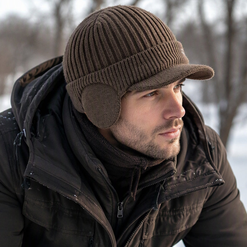 Herren Winter Strickmütze mit Schirm und Ohrenklappen