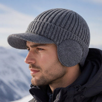 Herren Winter Strickmütze mit Schirm und Ohrenklappen