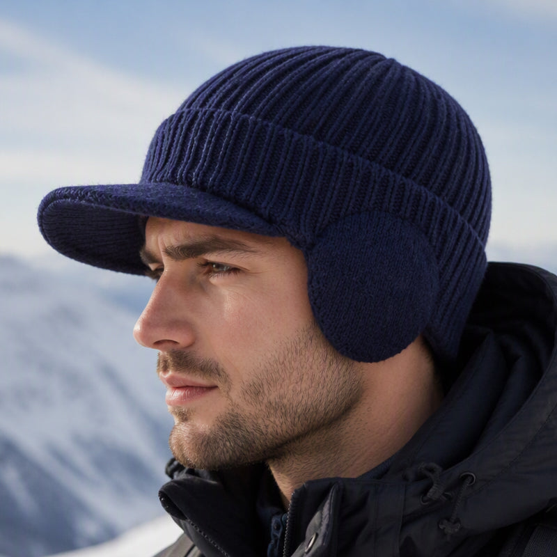 Herren Winter Strickmütze mit Schirm und Ohrenklappen