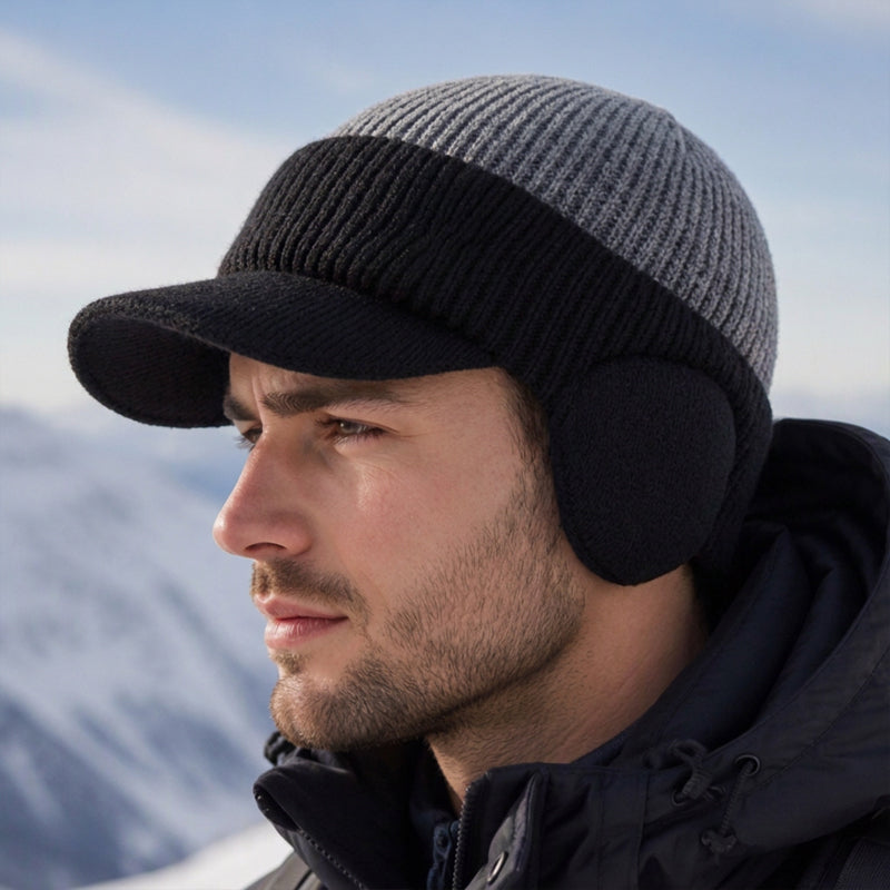 Herren Winter Strickmütze mit Schirm und Ohrenklappen