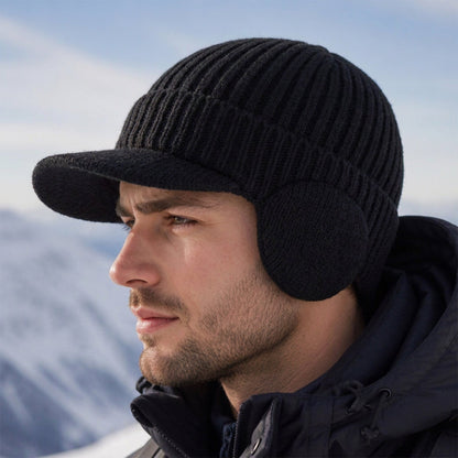 Herren Winter Strickmütze mit Schirm und Ohrenklappen