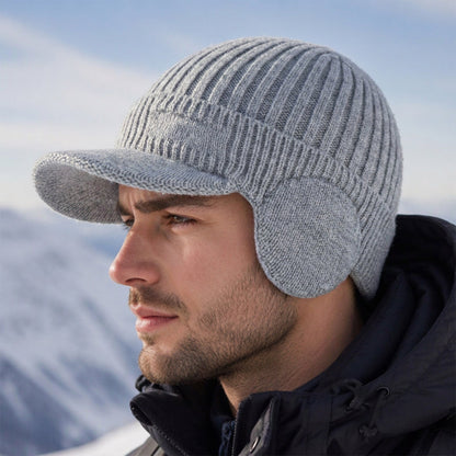 Herren Winter Strickmütze mit Schirm und Ohrenklappen