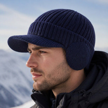 Herren Winter Strickmütze mit Schirm und Ohrenklappen