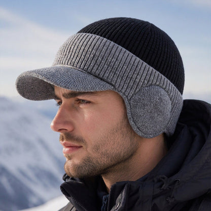 Herren Winter Strickmütze mit Schirm und Ohrenklappen